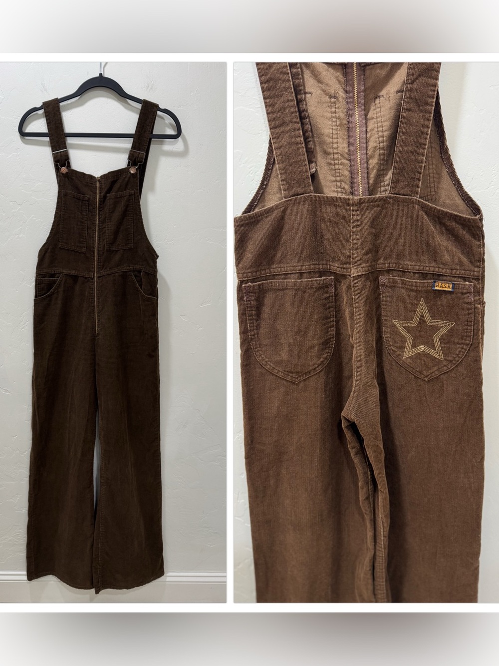 Vintage 1970s Hash Corduroy Overalls Dark Brown Star Pocket RARE *Fit Women 6